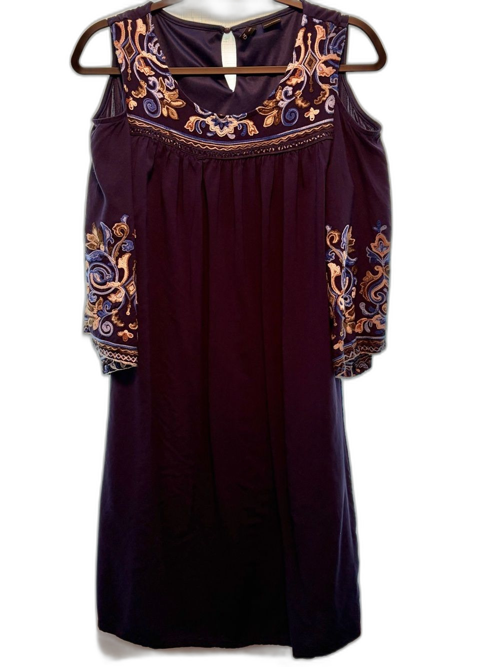 new directions Navy blue Cold-Shoulder Embroidered Dress